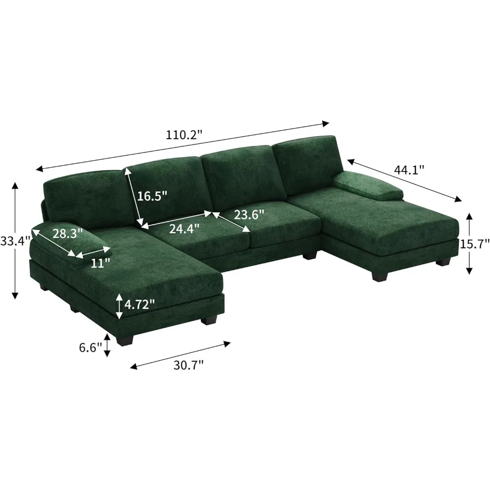 Customized Hotel sofa  Convertible Sectional Sofa ,  U-Shaped Fabric Modular Sofa Sleeper with Double Chaise Memory Foam (Green)