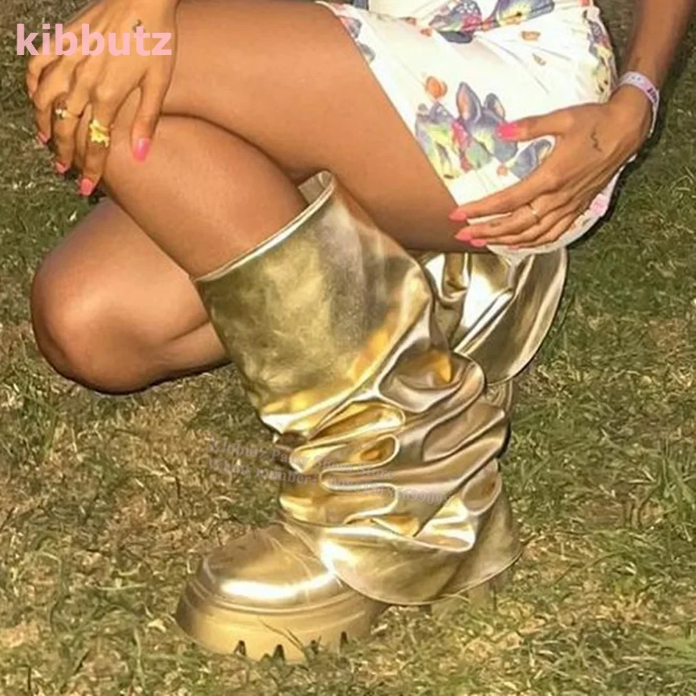 

Golden Turned-Over Edge Boots Pleated Platform Round Toe Knee-High Patent Leather Super High Slip-On Shoes Sexy Fashion Newest