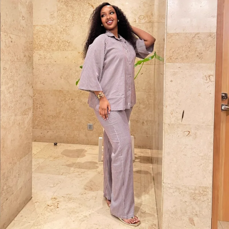 Women Stripe 2 Piece Set Lapel Half Sleeve Shirt High Waist Wide Leg Trousers Loose Casual Loungewear Daily Matching Outfit