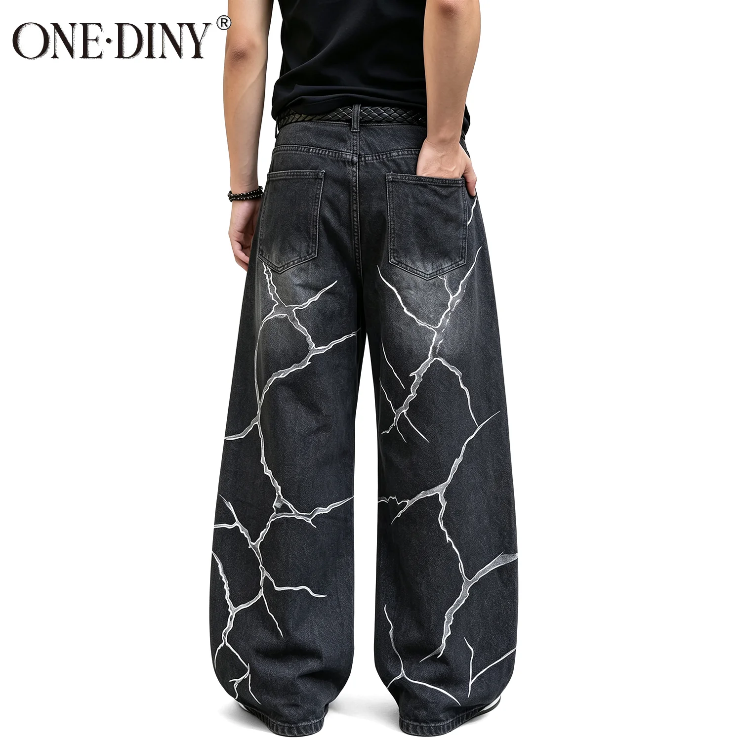 ONE·DINY Men Alt Goth 3D Raised Crack Lightning Print Baggy Wide Leg Jeans Black Oversized Dark Punk Street Casual Denim Pants