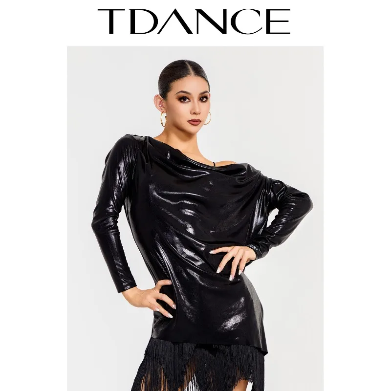 Maßgeschneidertes TDANCE Latein-Übungskleid [Schrägoberteil mit schwingendem Kragen hinten] Tanzkleid für weibliche Erwachsene gepaart mit Kapuzenpullover GL-56
