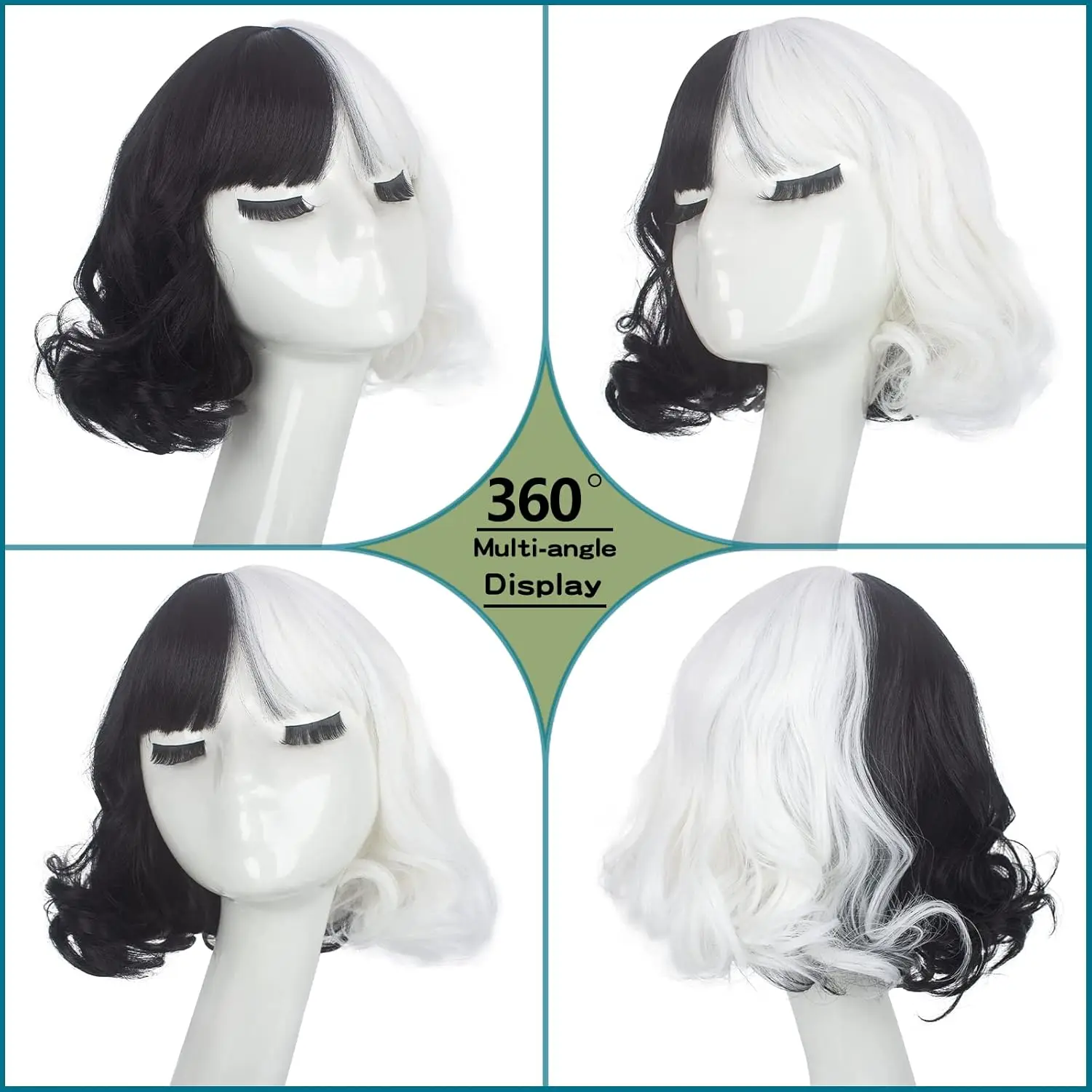 أنيمي تأثيري الباروكات طويلة قصيرة متموجة أبيض وأسود شعر مستعار للنساء تأثيري هالوين زي حزب الباروكات للنساء الفتيات #2