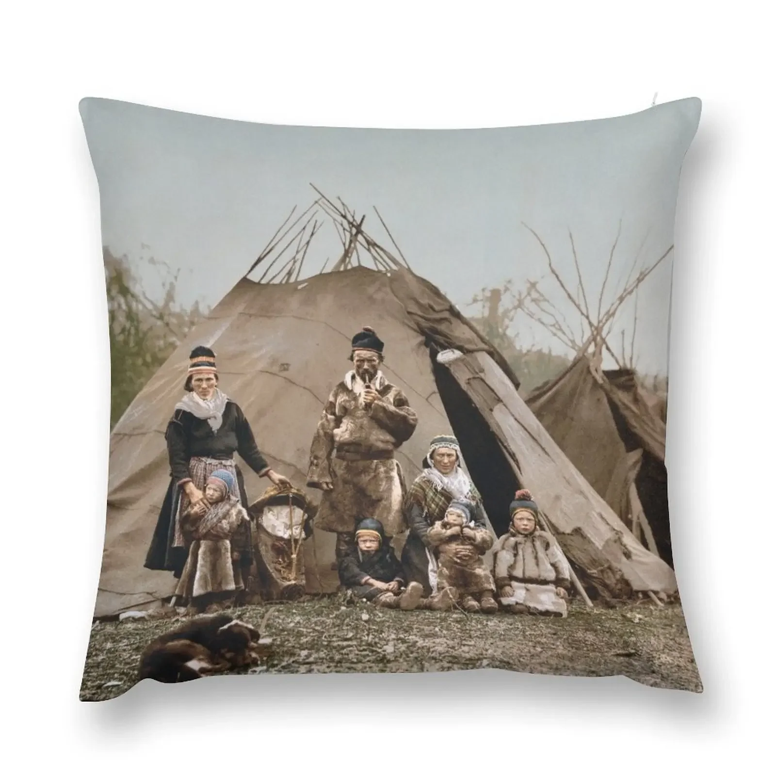 A Lapp Family Outside Their Tent - Norway Circa 1900 Photochrom Throw Pillow sleeping pillows Decorative Cushion Cover pillow