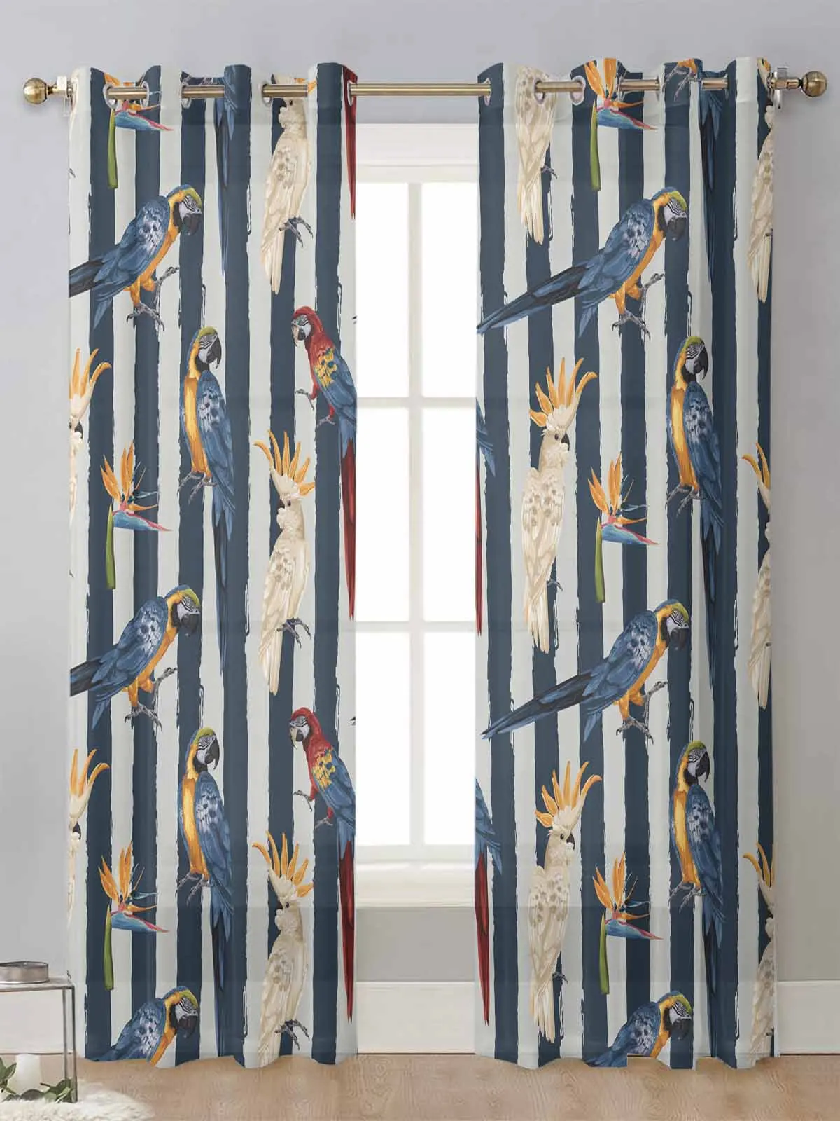 Parrot Bird Of Paradise Blue And Gray Stripes Sheer Curtains Living Room Window Voile Tulle Curtain Cortinas Drapes Home Decor