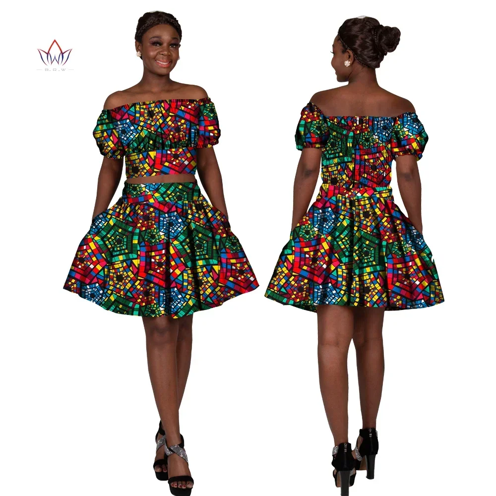 

2pcs Set Strentch Tops and Mini Skirt Suits Dashiki African Women Clothes Ankara Print Customize Off Shoulder Lady Skirts Wy2157