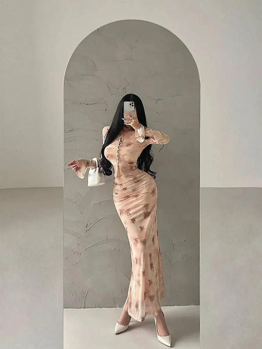 رغبة نقية نمط حزام أعلى مطبوعة شبكة طويلة الأكمام سترة عالية الخصر ذيل السمكة فستان أنيق طويل الحلو الكورية المرأة M37X