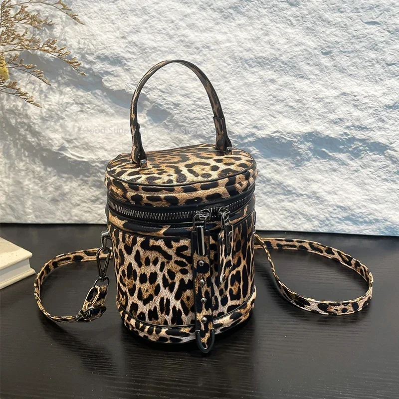 Bolso tejido Vintage para mujer, Mini bolso cruzado de cuero PU de leopardo 2025 para mujer, bolso de cubo redondo con cremallera, bolsos de mensajero