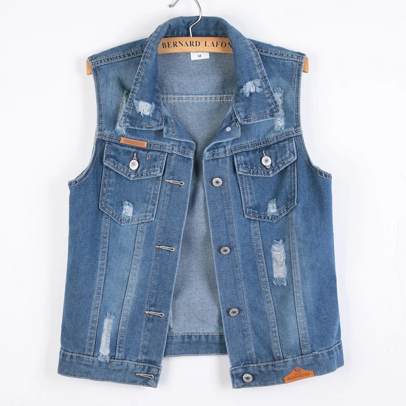 S-6XL Women's Denim Vest Turn Down Collar Single Breasted Sleeveless Ripped Hole Jackets Female Blue Casual Jean Outerwear