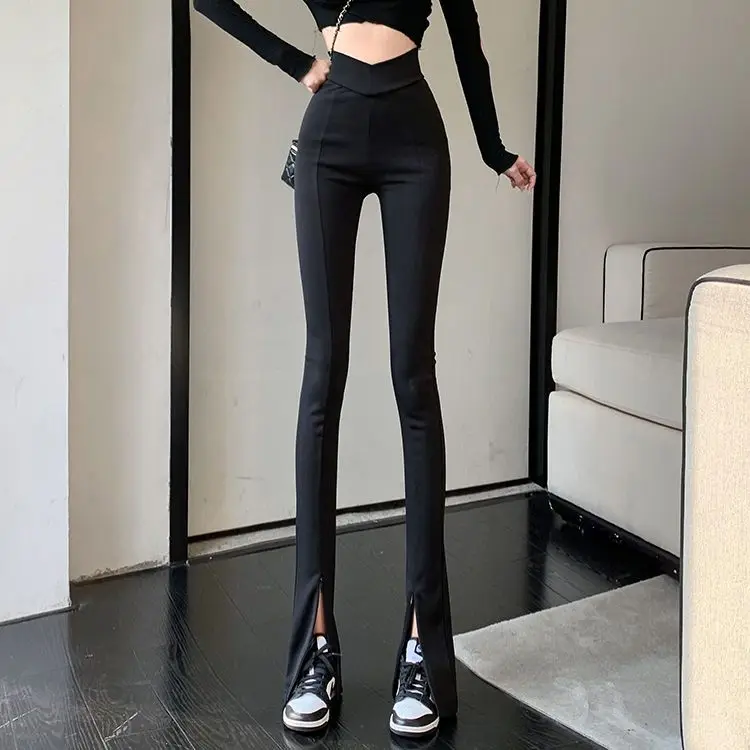 

2024 Spring Black Tall Micro Flare Pants, High Waist, Slim Appearance, Open Split Women's Pants for Outer Wear