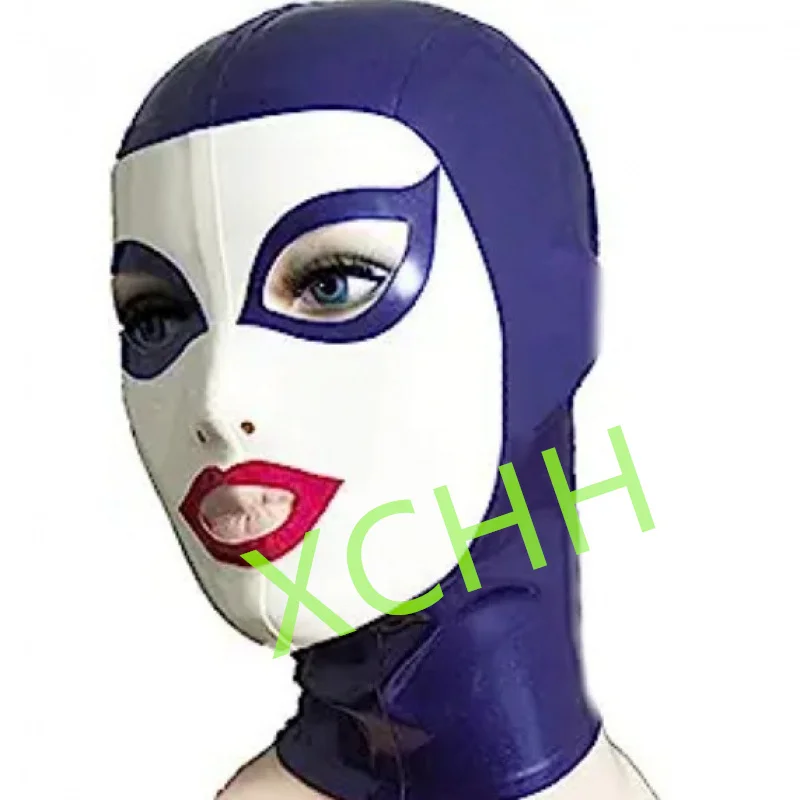 

Handmade Latex Hood Rubber Mask White with Blue Back Zip Sexy Fetish Headgear Customize Halloween Cosplay Costume