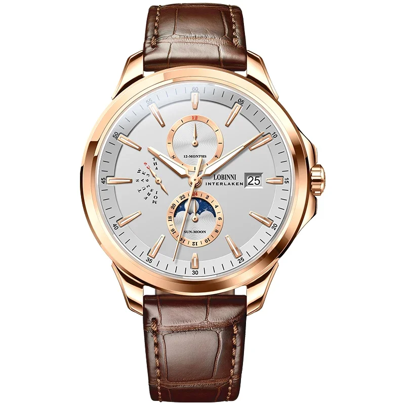 LOBINNI Jam Tangan Otomatis Tahan Air Dial 42Mm Bercahaya Tampilan Bulan 24 Jam Tanggal Akhir Pekan Klasik Multifungsi Pria