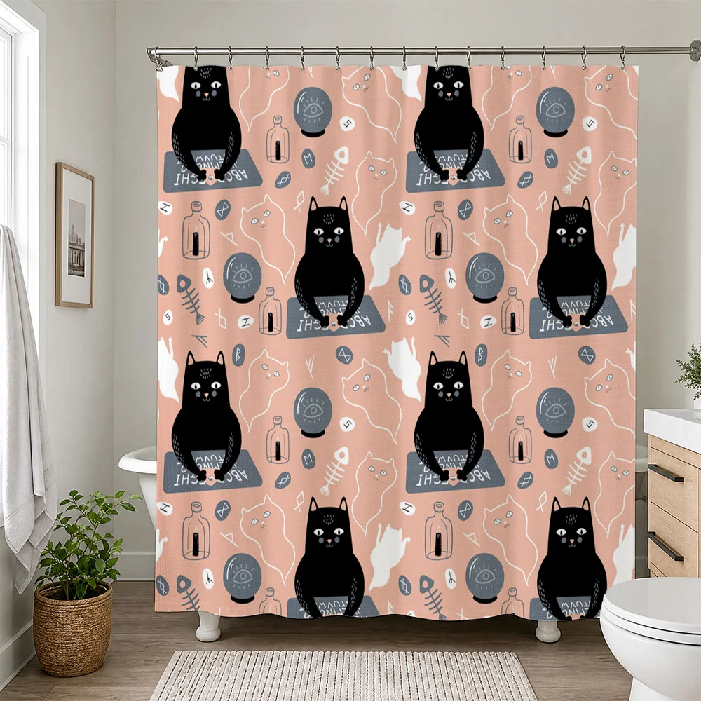 Whimsical Cat Shower Curtain Waterproof Bathroom Decor Cute Cat Lover Gifts Halloween Skeleton Print Shower Curtain Liner Home A