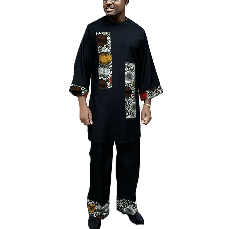 

African Couture Men's Patchwork Set Black Tops With Trousers Nigerian Fashion 3/4 Sleeve Loose Fit Shirt Performance Costume