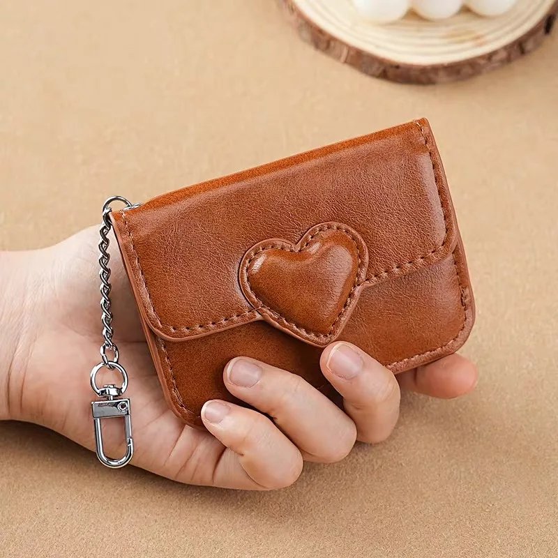 

Mini Coin Purse Keychain Wallet Fashion PU Heart Buckle Multi-card Slots Card Holder Pouch Key Storage Bag for Women and Men