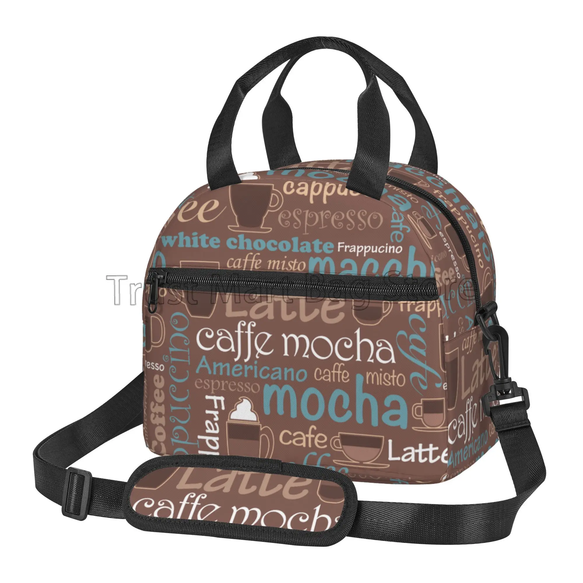 Light Brown Coffee Words Insulated Lunch Bag Reusable Lunch Box with Shoulder Strap Thermal Cooler Tote for School Work Picnic