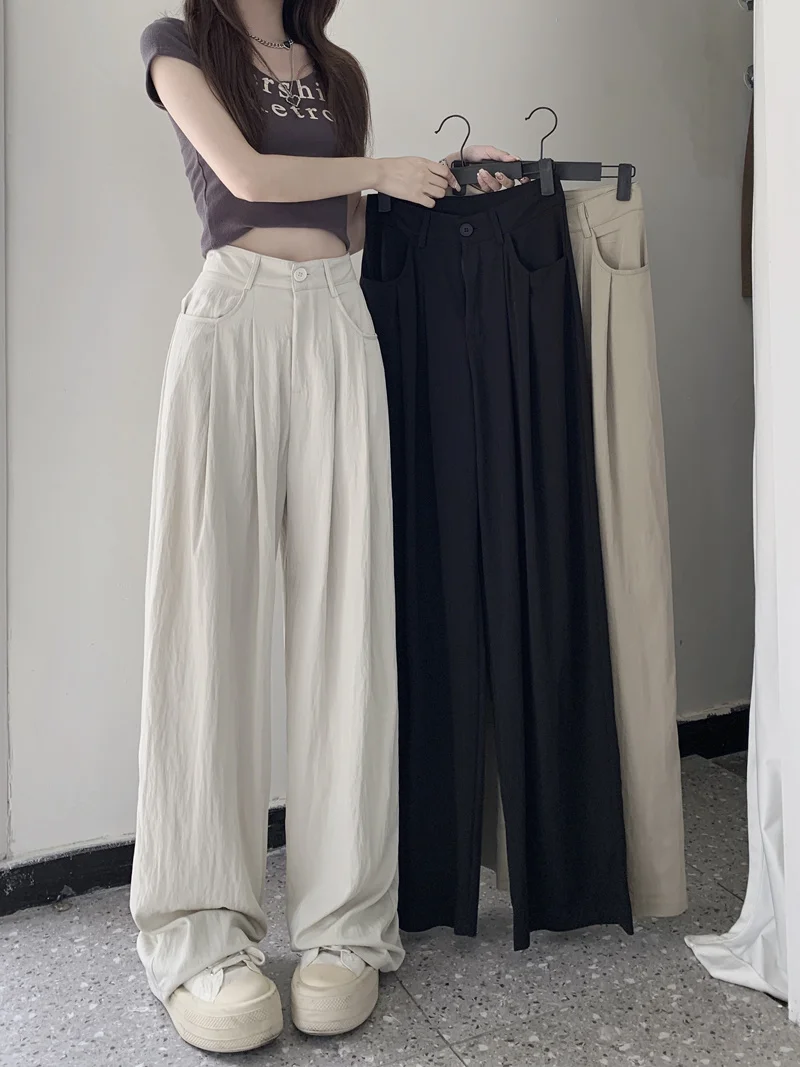 Pantalones de traje blancos para mujer, pantalones informales de trapeador de piso, pantalones sueltos de cintura alta, Pantalones rectos de pierna ancha, otoño 2023