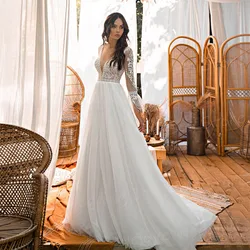 Elegant A Line Wedding Dresses Lace Appliques Bride Gowns Sexy V Neck Long Sleeve Customized Vestidos De Novia Boda For Women