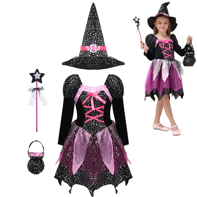 Kostium Czarnej Wiedźmy na Halloween 2025 dla Dziewczynek, Karnawałowa Impreza, Zła Wiedźma, Sukienka Vestidos + Kapelusz + Różdżka + Torba, 4-częściowy Zestaw Ubrań, Rozmiarę 12 lat
