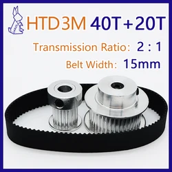 40T 20T HTD 3M Pulley Set Belt Width 15mm For 2:1 Belt Pulleys 20Teeth 40Teeth 3M Synchronous Wheels Set HTD3M Timing Pulley Kit