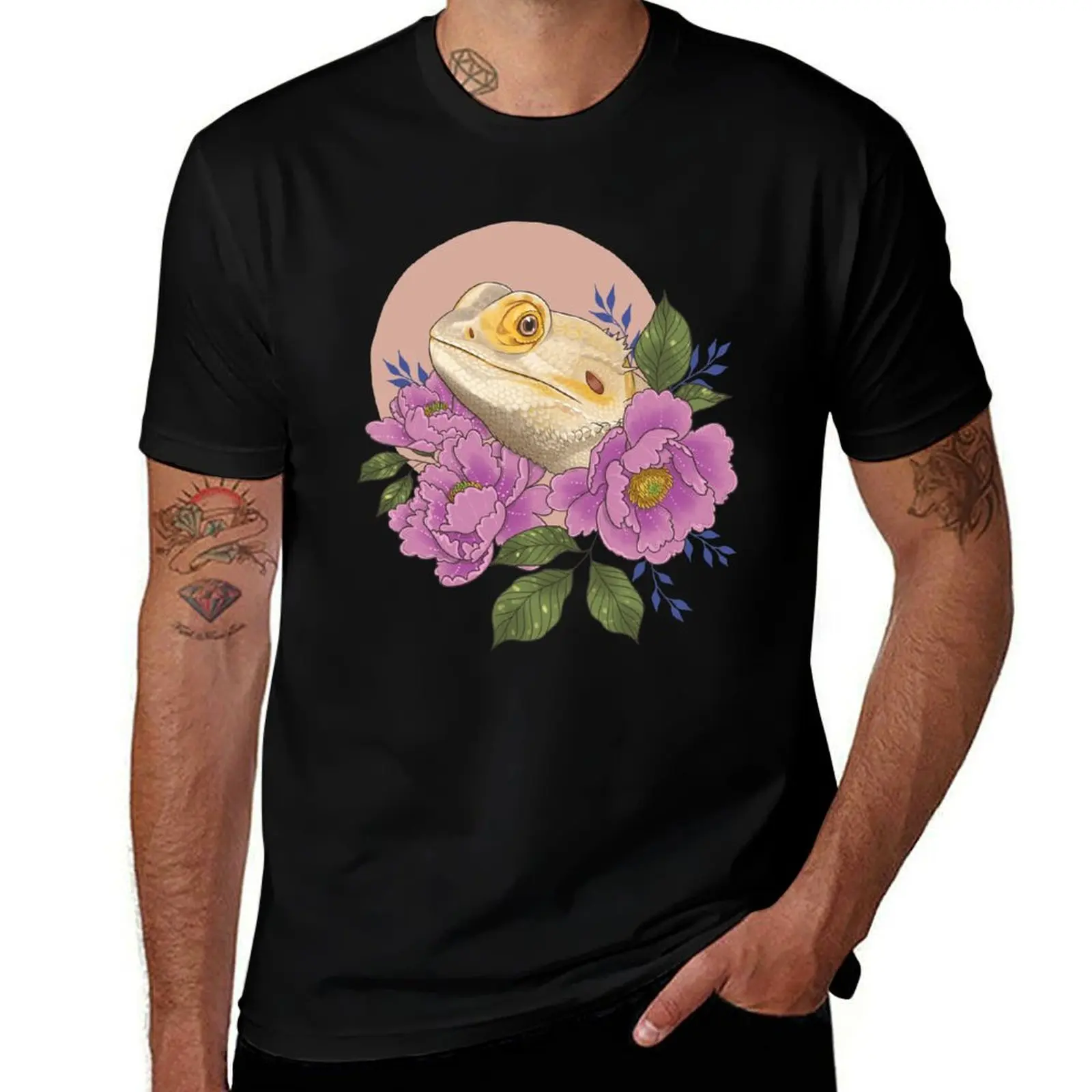 Bearded Dragon with Peonies T-Shirt Soft Basic Cotton Short Sleeve Tee T-Shirt