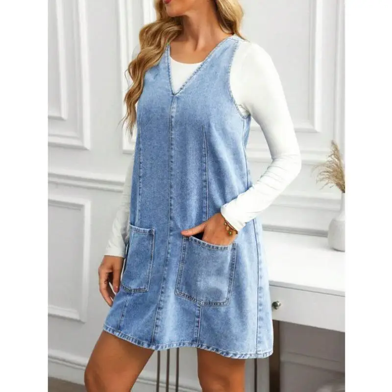 Double couche Denim col Svel Dr femmes décontracté V Ne H Sle jupe ceinturée Ci Walk 00% lin tissu t-shirt Quart...