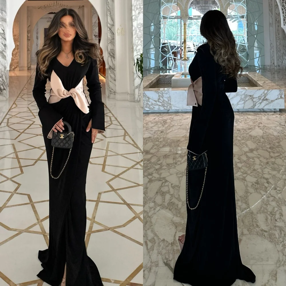 

Customized Sizes Available Matching Jersey Pleat Bow Straight V-neck Long Dresses Bespoke Occasion Dresses Exquisite Elegant