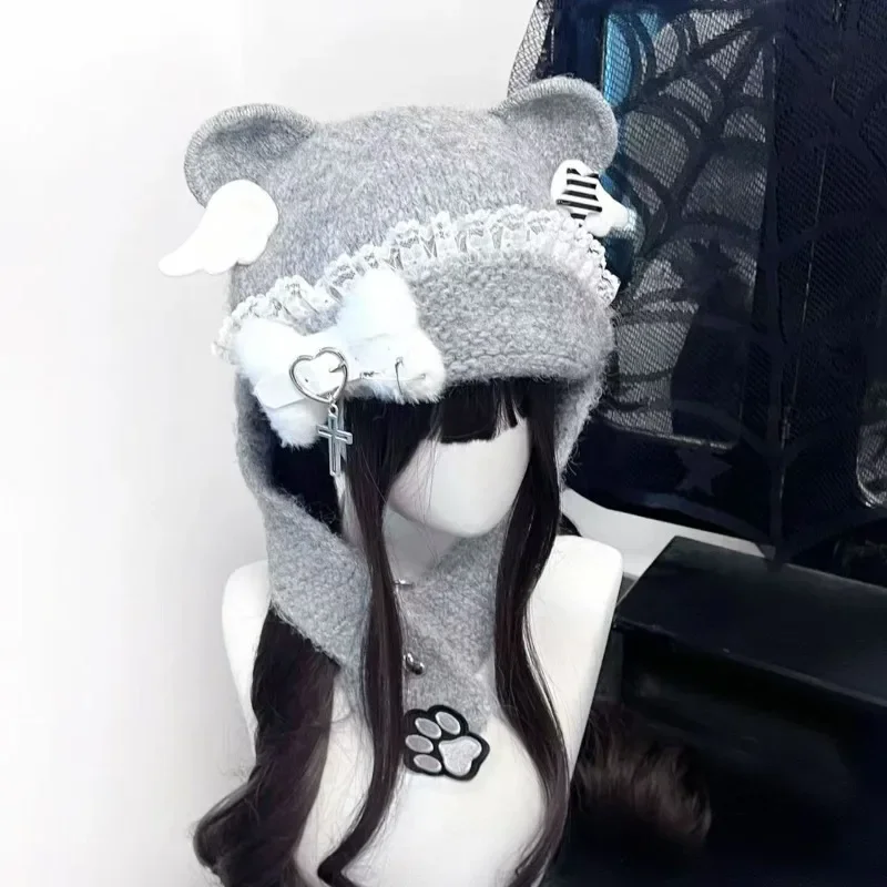 Ladies Knit Bear Ear Cap Cute Fluffy Ear Cover Hat Autumn Outdoor Wind Resistant Sweet Matching Daily Fashion Headwear Accessory