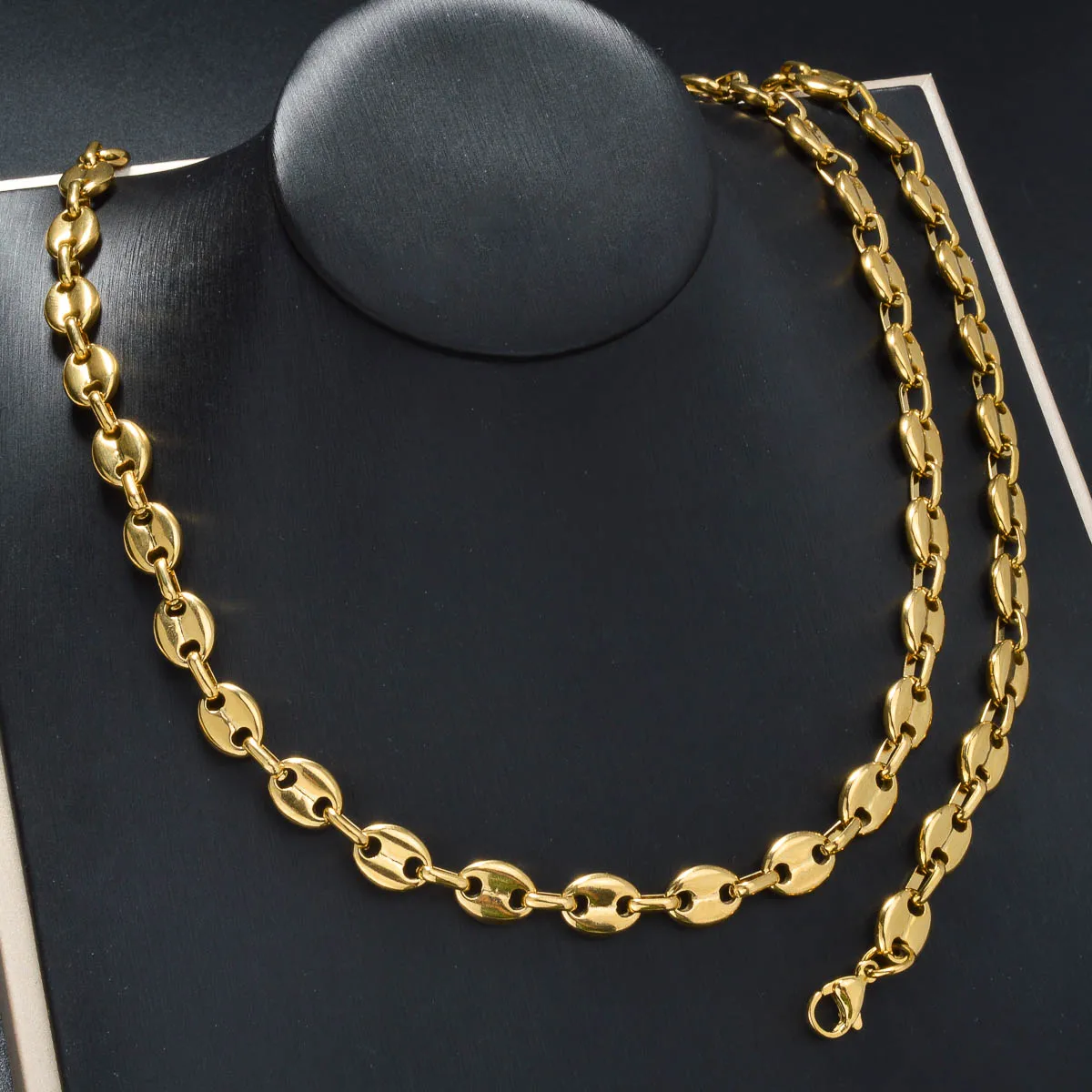 Pig Nose Stainless Steel Necklace Bracelet Set Coffee Bean Chain Necklace Bangle For Women Waterproof Anti-tarnish Jewerly Gift