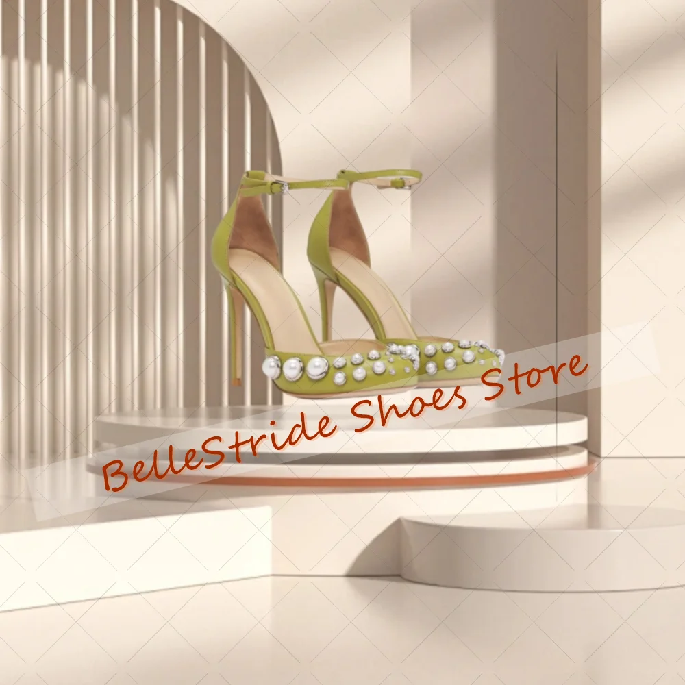

Green Pearl Decor Round Toe Sandals Buckle Strap Women Shoes Stilettos High Heels Party Banquet Dating 2025 Zapatos Para Mujere