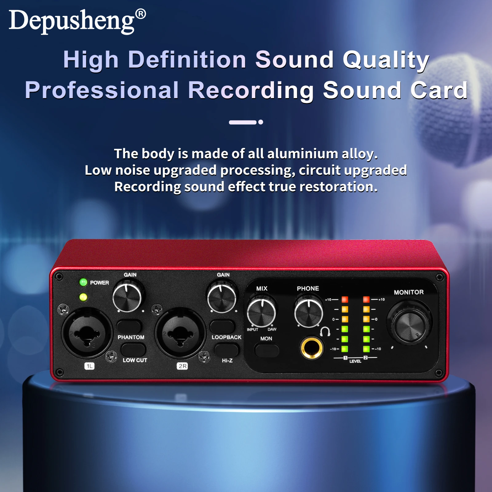 Professional Sound Card Depusheng MK22P USB Audio Interface 48v Phantom Power Supply for Live Studio Streaming Podcasts