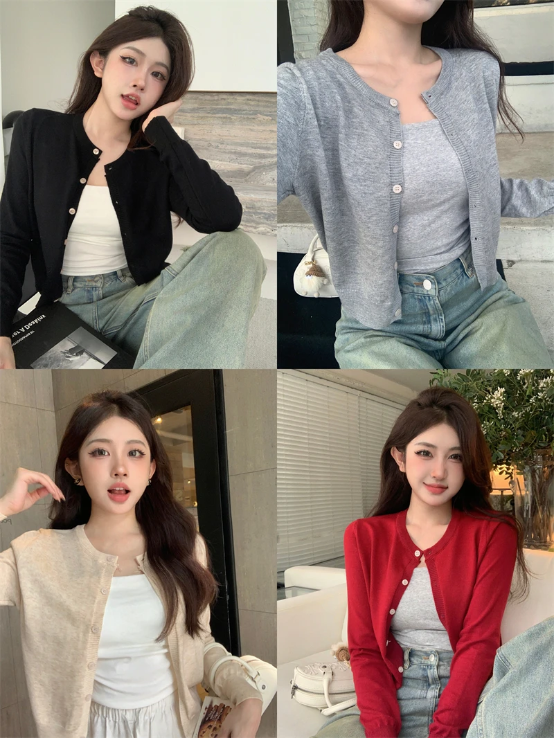 Korean Knitted Cardigan Women Casual Slim Thin Buttons Short Style Tops