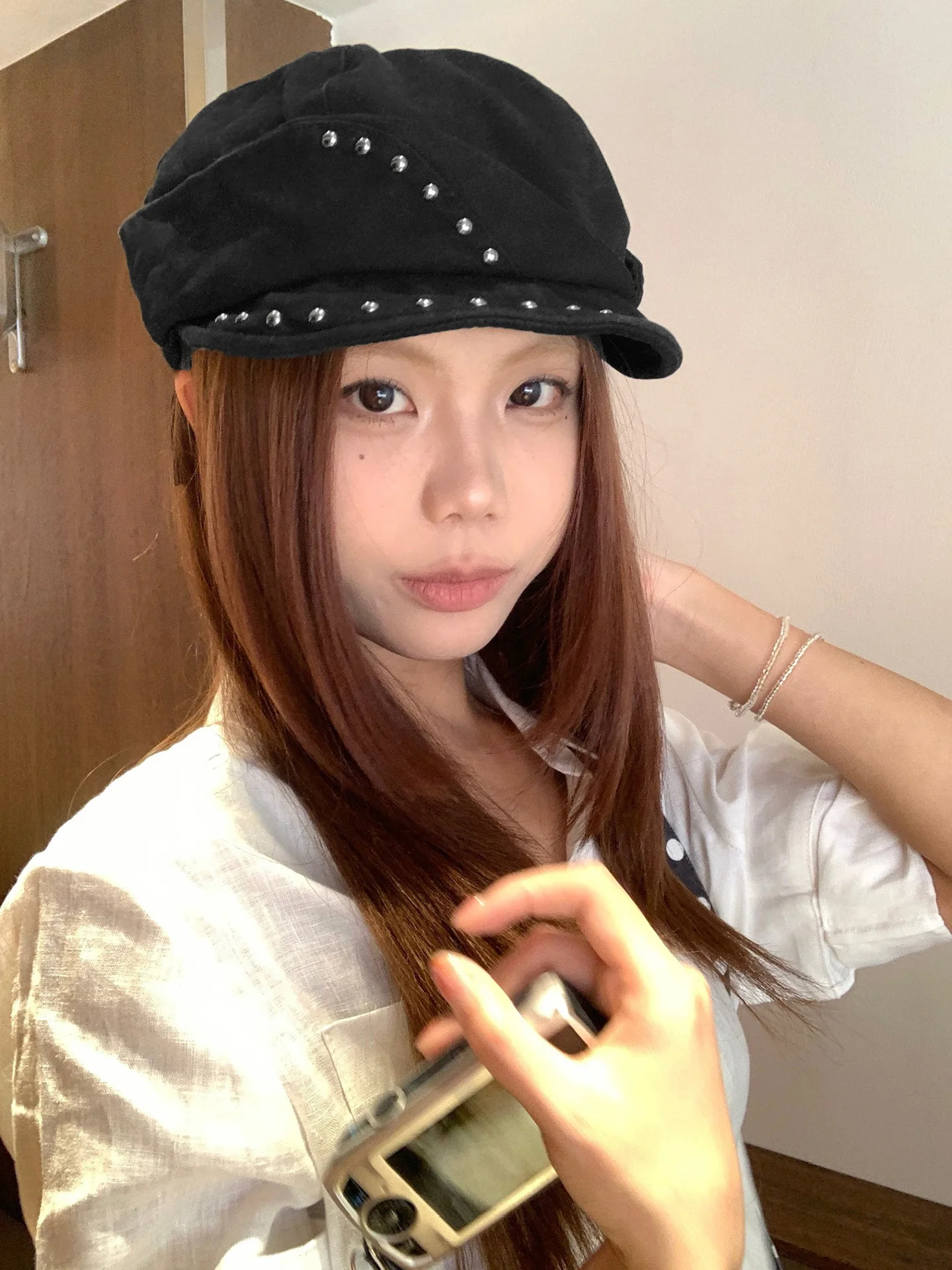 Retro Japanese Style Rivet Beret Hat Women's Fashionable Spicy Girl Octagonal Irregular Duckbill Newsboy Cap Adjustable round...