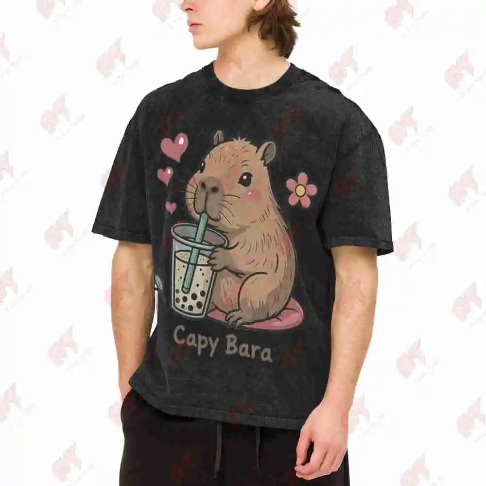 Cute Bear Drinking Water Thirsty Vintage Washed Tee Pure Cotton T-Shirt