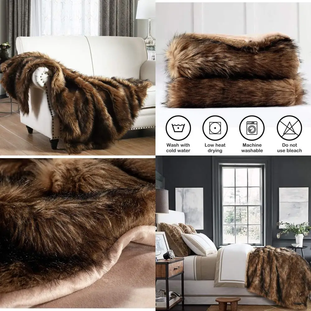 

Elegant Brown Faux Fur Throw Blanket with Black Tips, Luxurious Plush Long Pile, Incredibly Warm and Fluffy, Ideal for Cozy and