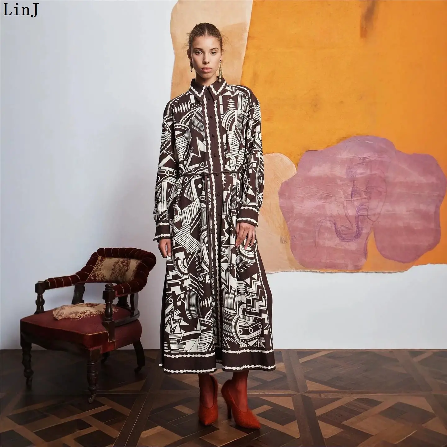 Women's Holiday Casual Long Sleeve Dress with Belt Fashionable Polyester Shirt Collar Single Piece Spring Autumn Winter Wear