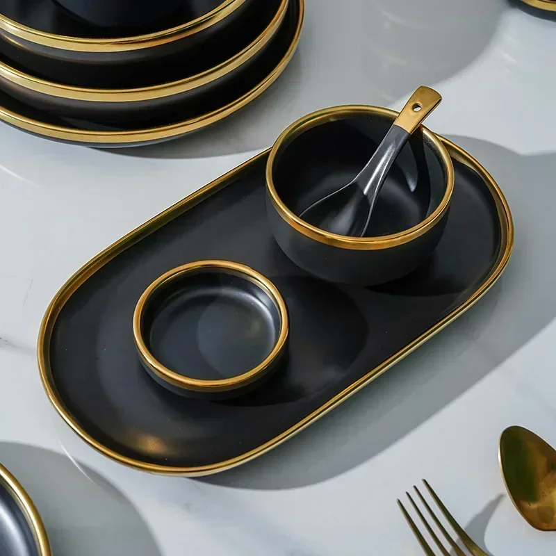 Ceramic Black Gold Edged Cutlery Bowl and Dish Set Home Dinner Matte Bowl and Dish Tray Set Nordic Luxury Complete Tableware Set