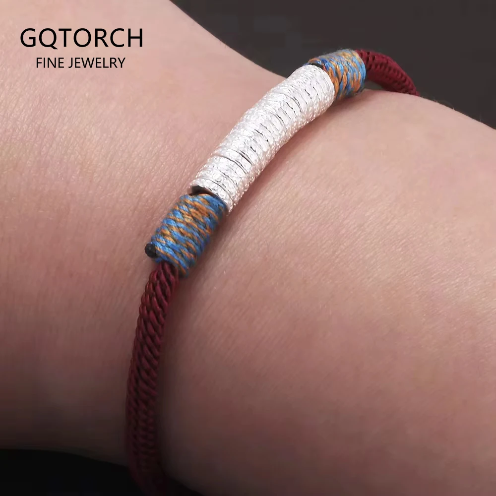 

999 Pure Silver Beads Charms Braided Rope Bracelet for Men Women Black Red Color Adjustable Ethnic Style Jewelry Gift