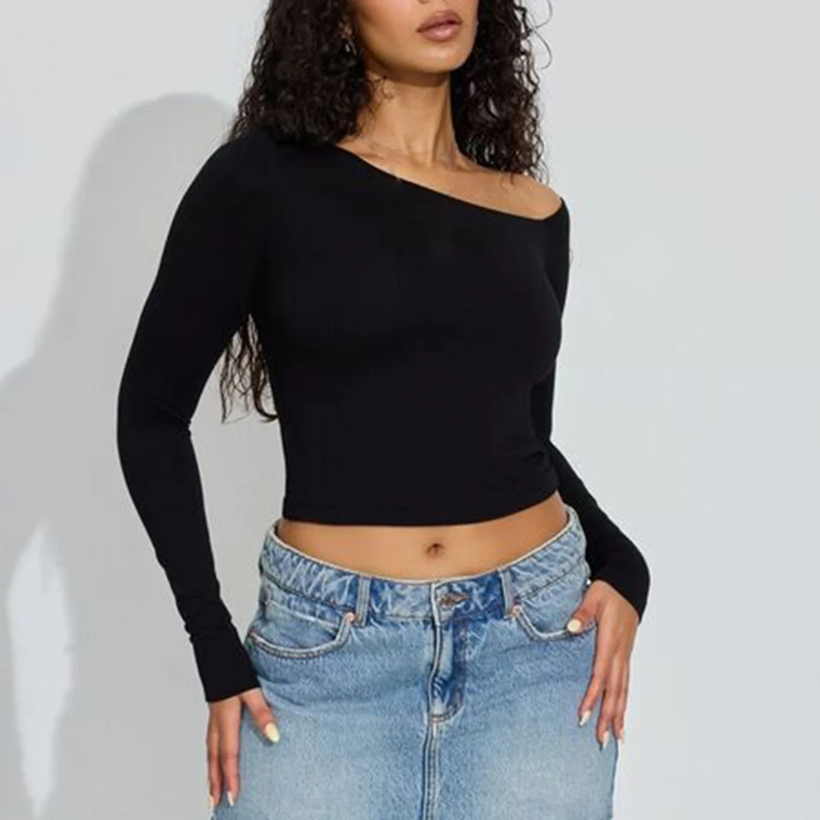 

Fashion Women's One Shoulder Long Sleeve Tops Slim Solid Color Slash Neck Showing Navel Asymmetrical Shirt for Fall Streetwear