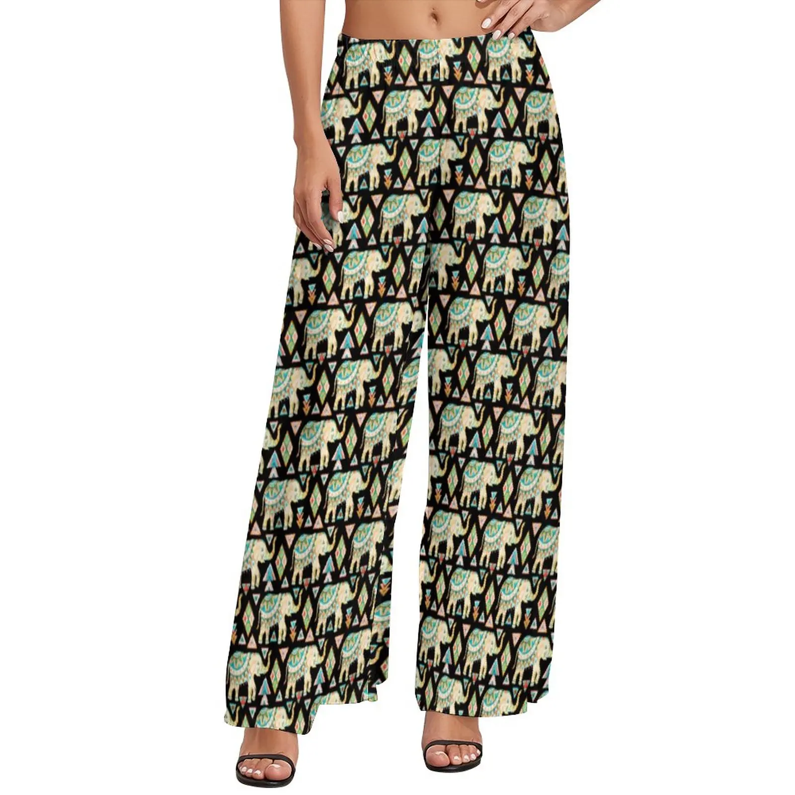 Retro Animal Silhouette Pants Women Cute Elephants Print Street Wear Trousers Elastic High Waist Trendy Wide Pants Gift