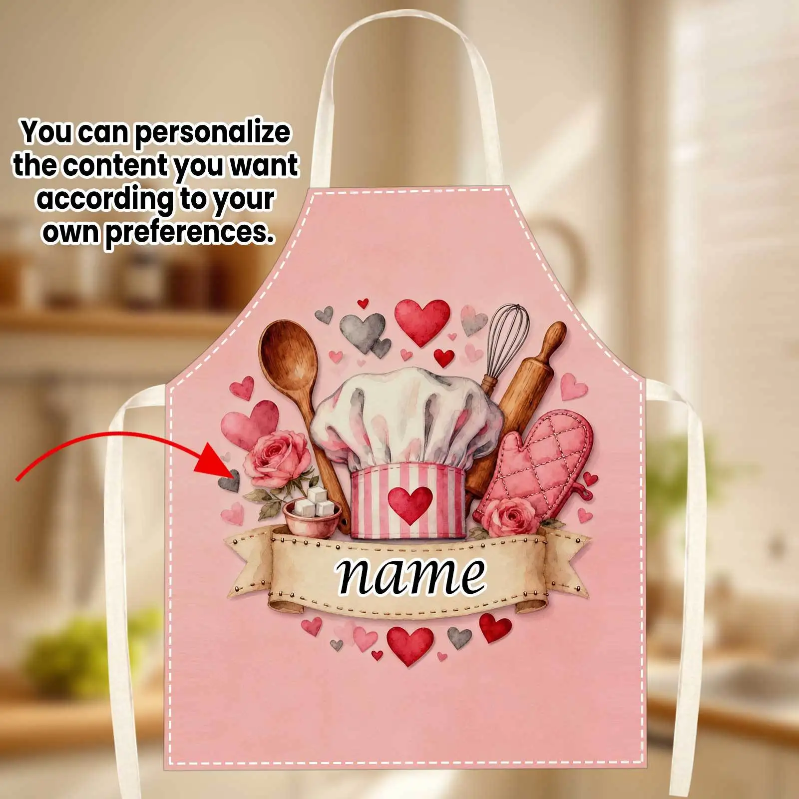 1PC Personalized Chef Apron Custom Name Text Pink Kitchen Utensils Heart Print Cooking Baking Apron for Chef Assistant Xmas Gift