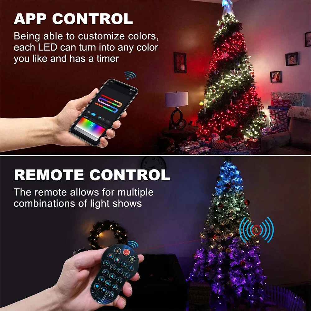 スマートクリスマスツリーライト RGB マルチカラー LED フェアリー Bluetooth アプリ制御ランプ タイマー 音楽同期 クリスマスツリー装飾用