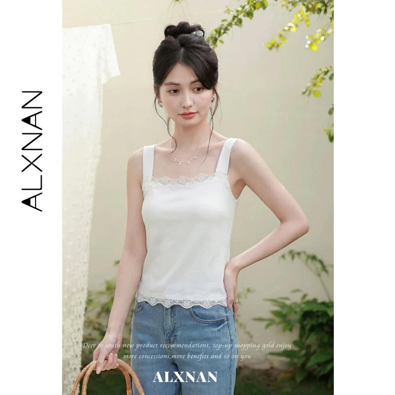 

ALXNAN Off White Lace Square Neck Tank Tops Women Summer Versatile Basic Elegant Camisole Fashion Sleeveless Top Female L63865A