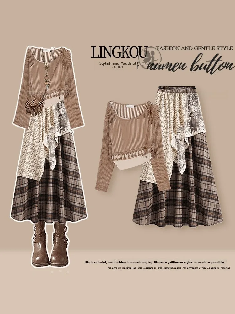 

Large Size Autumn Vintage Set Women's Anti-Aging Slimming Top Strap Plaid Skirt Three-Piece Set Fashionable Casual Wear
