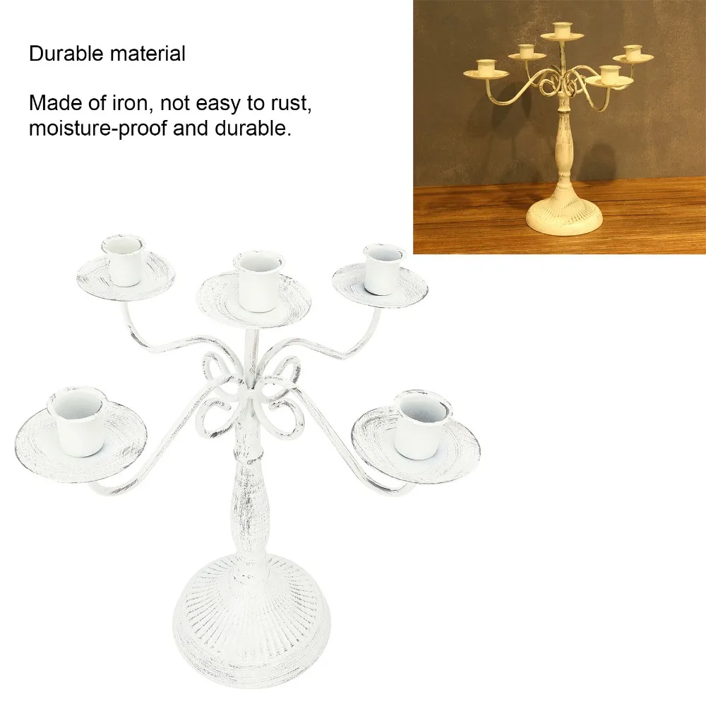 5 Arms Metal Candelabra White Round Stable Base Pillar Candle Holder Cast Iron Iron Candle Holder Dining Table