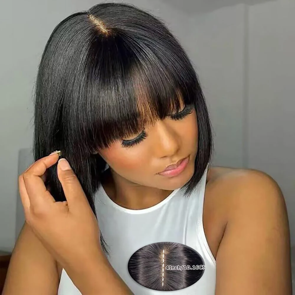 

4X2 HD Straight Bob Wig Human Hair with Bangs Transparent Lace Closure Wig for Women Black Ready to Go Short Human Hair Wigs