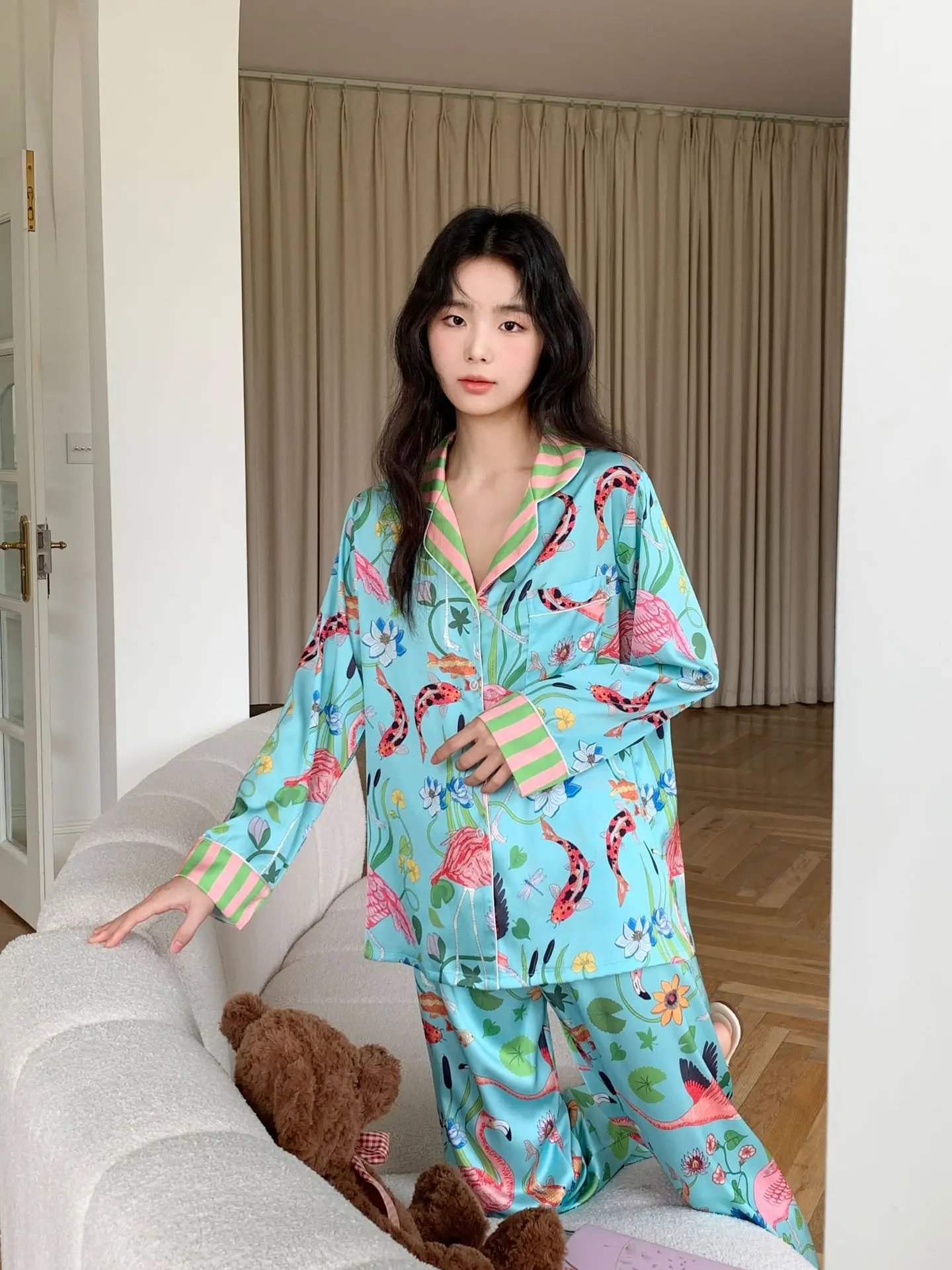 Satin Women Pajamas Silk Printing Lapel Button Shirt With Trousers Pajama Set Pyjama Sleepwear Pijama Loungewear Soft Nightwear