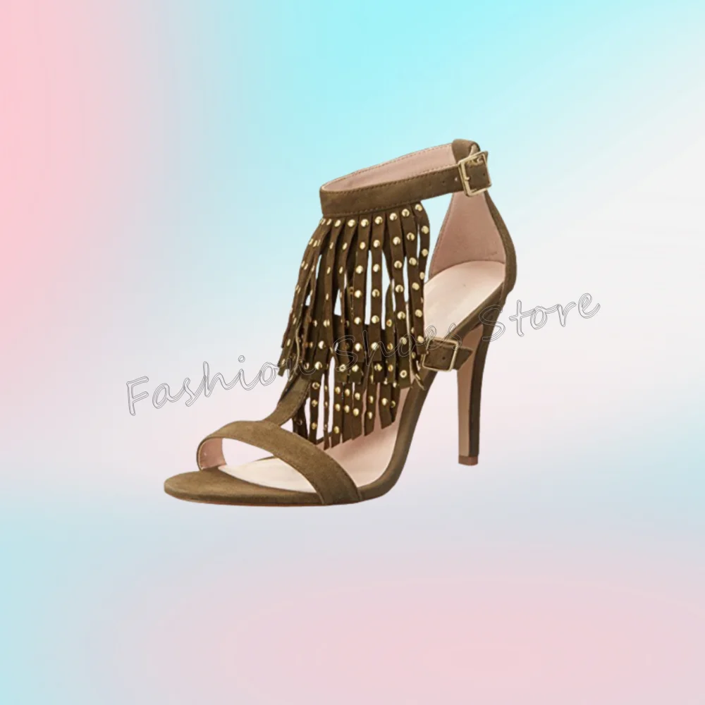 

Round Rivets Tassels Decor Sandals Buckle Strap Women Shoes Stilettos High Heels Party Banquet Dating 2025 Zapatos Para Mujere