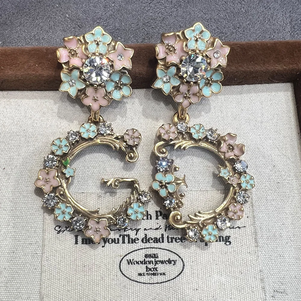 2025 New Floral Vintage Court Style S925 Silver Needle Hand-Painted Stud Earrings Fashionable Light Luxury Jewelry for Women