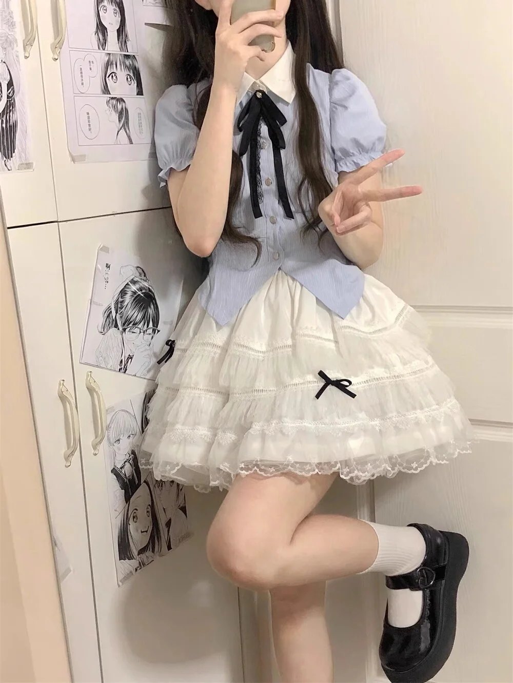 

Korean Sweet Anti-Aging Color Block Collar High Waist Design Puffy Two-Piece Set Women's Summer Shirt Dress