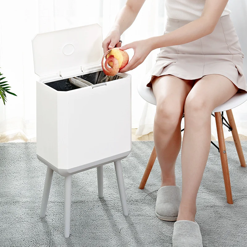 High Garbage Can Household Press Dry and Wet Sorting with Lid Garbage Can Kitchen Living Room Toilet Plastic Paper Basket